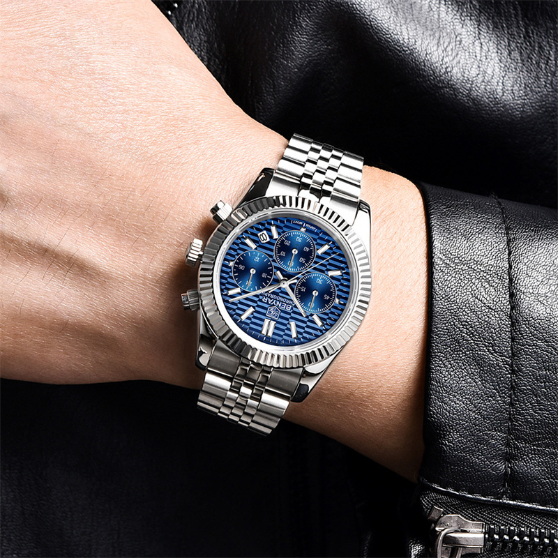 Binya benyar reloj de cuarzo de acero fino multifuncional para hombre de seis Pines de acero fino de moda luminoso impermeable calendario reloj de hombre S001