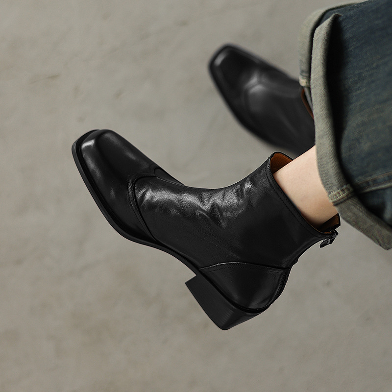 2025 New Boots Women's Retro Trendy Square Toe Thick Heel Short Boots 5cm Medium Heel Rear Zipper Washed Cowhide Boots