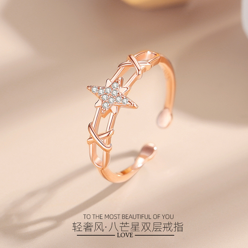 Anillo de plata 925 nicho ocho ESTRELLA DE Awn anillo de alto grado hembra Luz incrustada con diamantes de lujo ins Red de viento rojo mismo estilo anillo al por mayor
