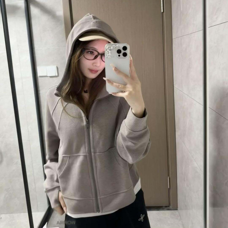 2025 Spring and Summer Scuba Waffle Hooded Sweatshirt Lulu Same Style Loose Full Zipper Sports Casual Jacket for Women