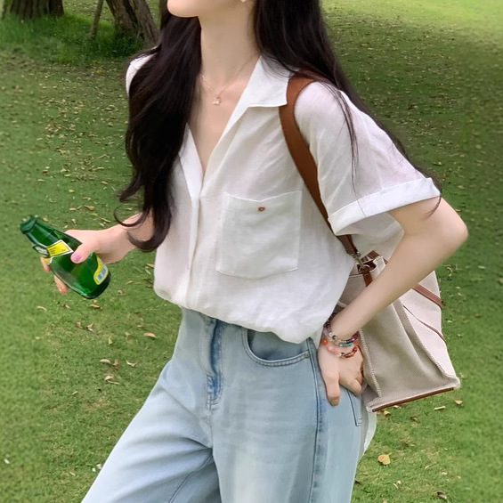 松弛感老钱风棉麻短袖衬衫女夏季法式气质宽松微褶简约红色上衣