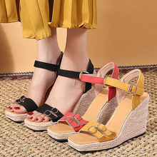 速卖通跨境外贸新款夏季坡跟厚底凉鞋女高跟搭扣草编麻绳底亚马逊