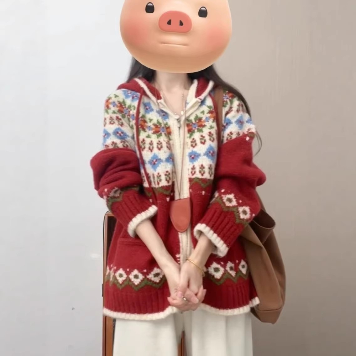 15红色羊绒针织衫毛衣女外套秋冬宽松慵懒风保暖长袖上衣服女装