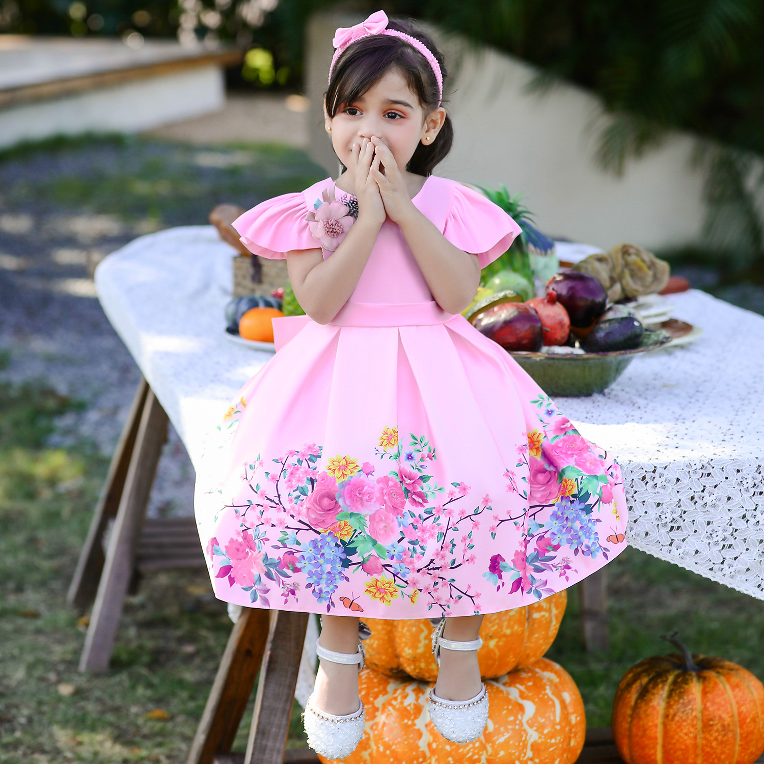 Amazon's new forged fabric printed princess dress for girls' first birthday party dress wholesale, with headband