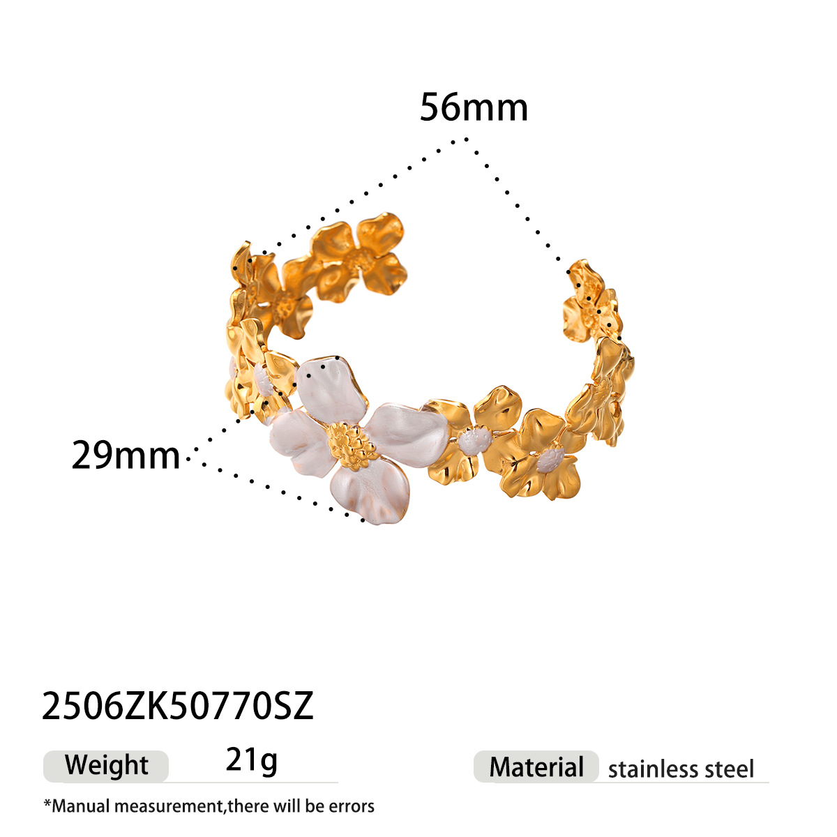 Tena brazalete de acero inoxidable europeo y americano para mujer, placa de alta gama, placa de flor de oro de 18k, joyería de mano explosiva al por mayor image 7