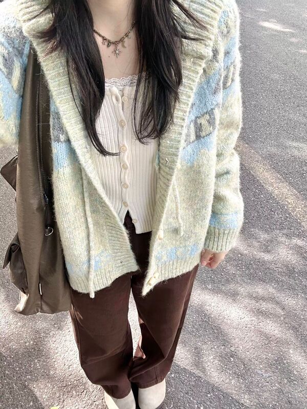 韩系费尔岛提花牛角扣连帽毛衣女秋冬季复古慵懒宽松针织开衫外搭|undefined