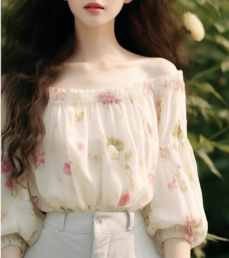 Áo croptop nữ tay lỡ cổ yếm họa tiết hoa nhí chất voan mềm mại — màu sắc chi tiết 1
