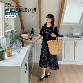双天25年夏季新款大码女装时尚气质碎花拼接长短款连衣裙8788AB