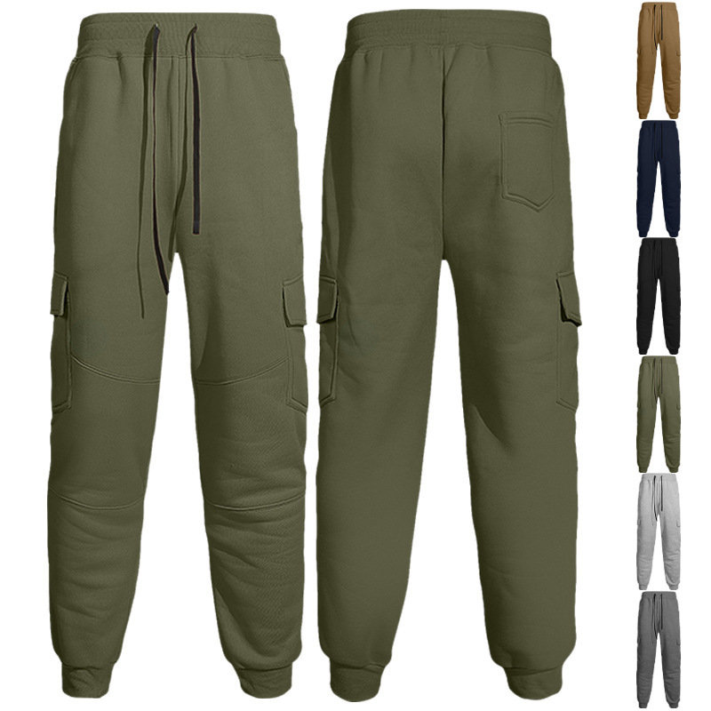 Cross-Border European and American Amazon Autumn and Winter Fleece Men's Cargo Pants with Multiple Pockets and Drawstring Sports Casual Joggers