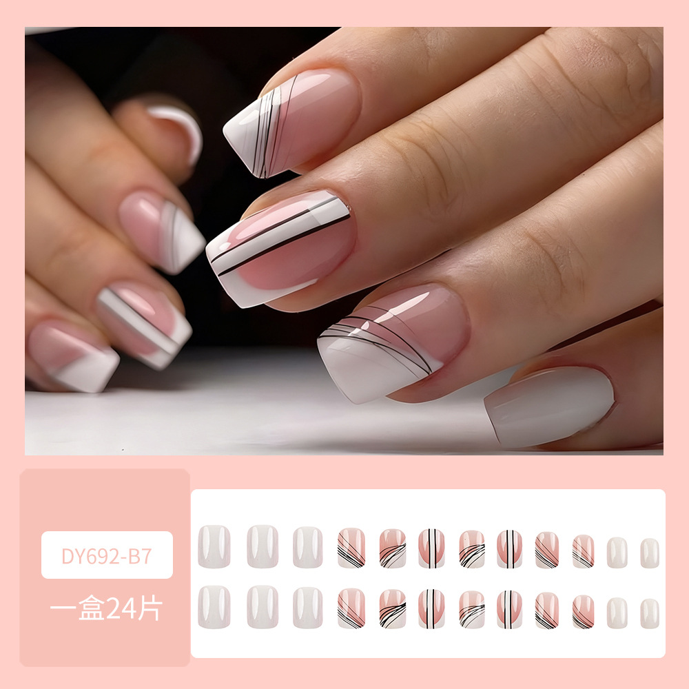 Líneas de color rosa y blanco estilo artístico de manicure, uñas cortas transfronterizas de venta caliente para vestir 24 piezas de parche de uñas empaquetado