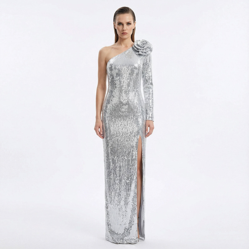 In stock | European and American Style Sexy Long-Sleeve High-End Party Dress with a Slim Fit, Unique Design, One-Shoulder Floral Sequins
