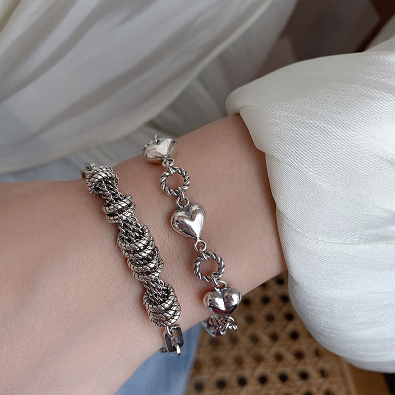 Korean-Style Vintage Silver Heart Bracelet for Women, Ins Simple Design Woven Chain Cool Girl Jewelry Hand Crystal Handmade
