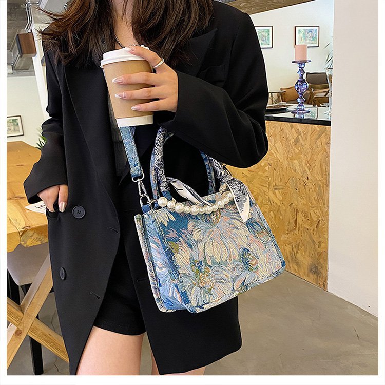 Bolso tote transfronterizo para mujer, nuevo bolso de hombro de gran capacidad tejido jacquard con pintura al óleo de jardín de Monet para comercio exterior