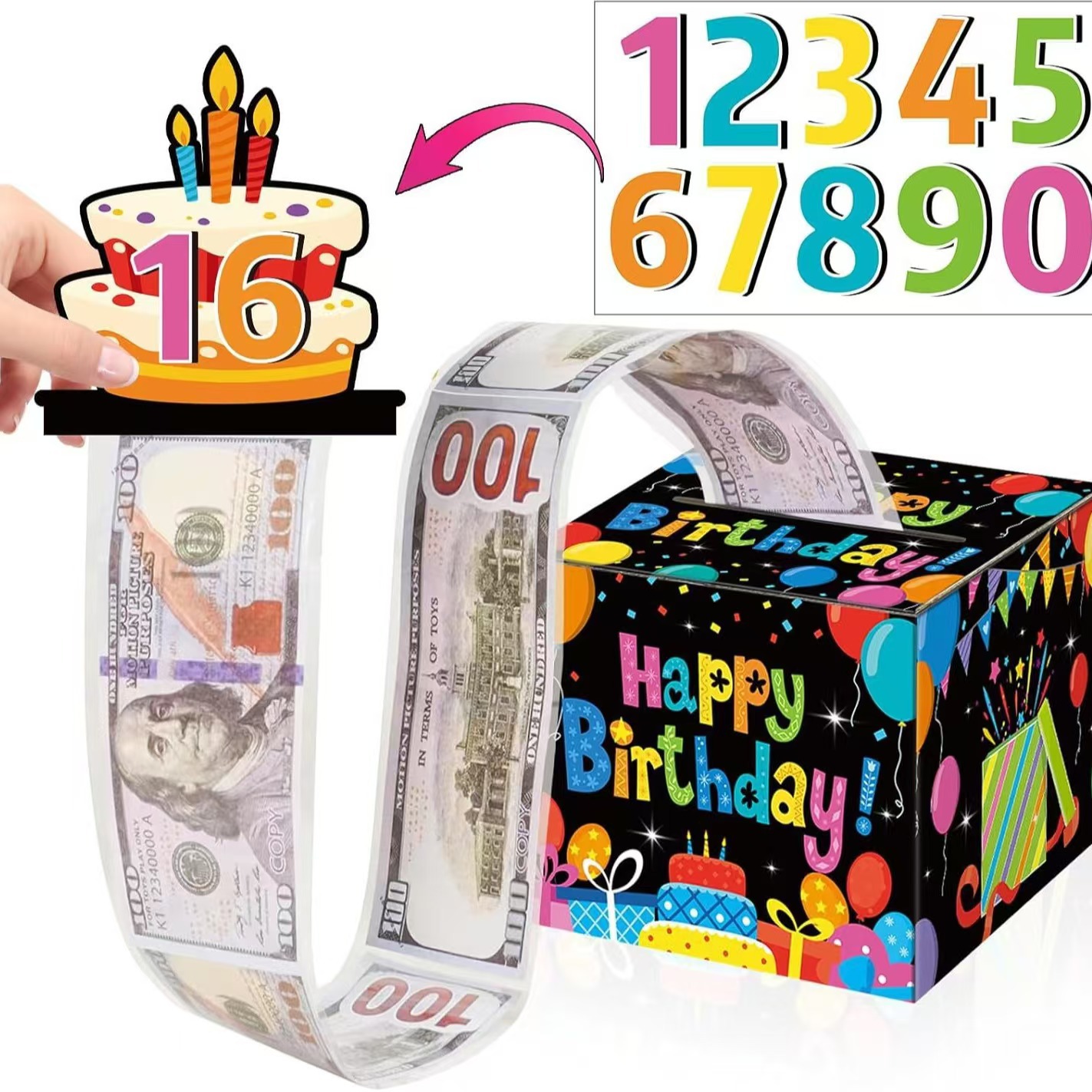 黑色彩色气球数字贴款生日主题派对装饰惊喜现金抽钱盒布置礼盒