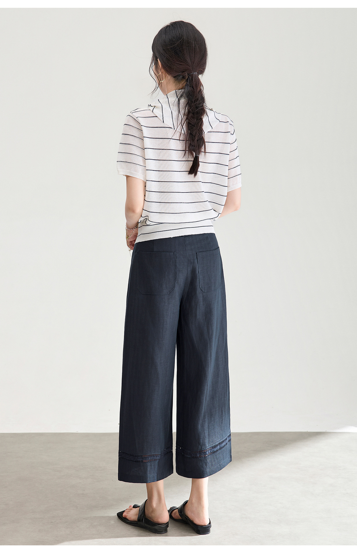 Quần culottes nữ ống rộng dáng dài 9 phần, chất liệu sợi gai dầu mỏng nhẹ mùa hè — màu xanh navy chi tiết 27