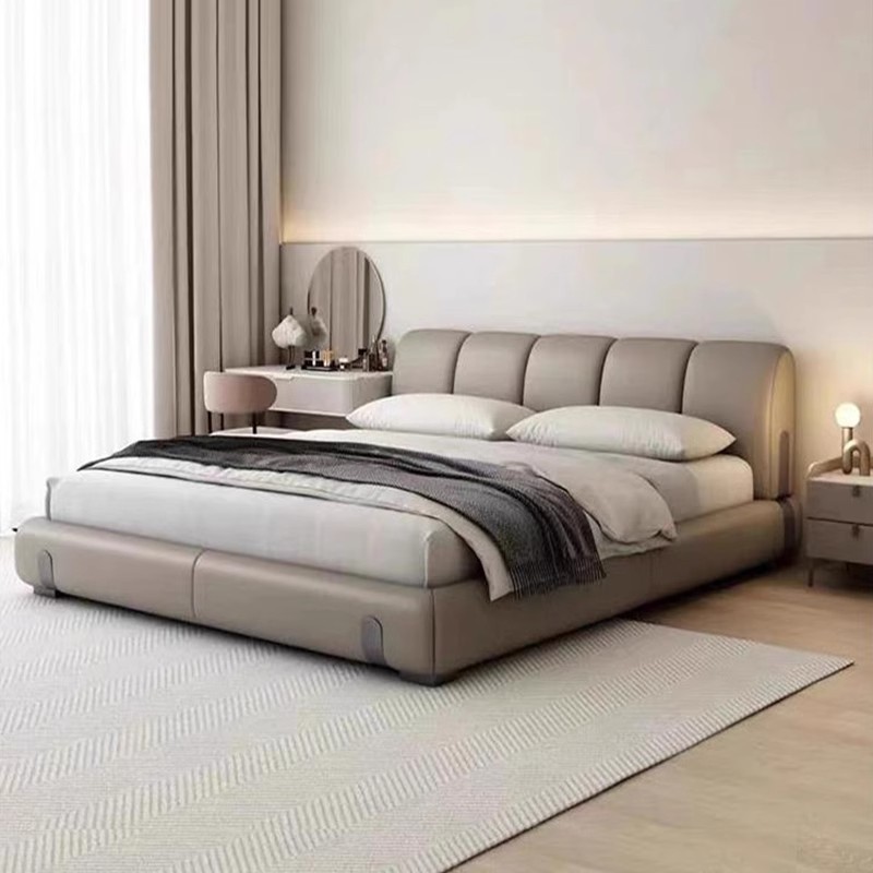 Fábrica de suministro de diseño minimalista italiano cama de cuero real 1.8m simple moderna pequeña cama doble dormitorio principal