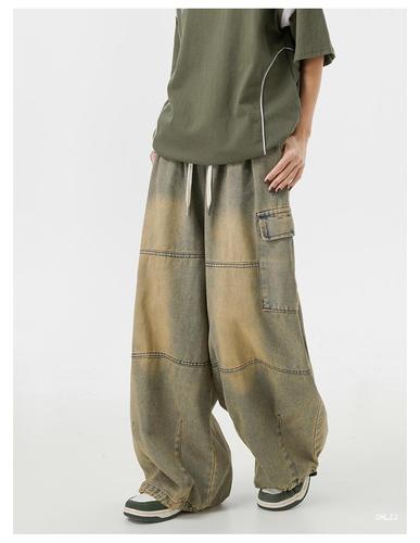 Retro Yellow Clay Wide-Leg Jeans for Men and Women, American Street Style Oversize Loose Fit with Multiple Pockets, Workwear Casual Pants