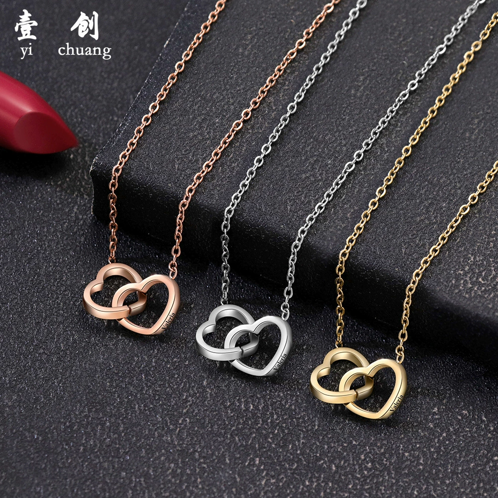 Ожерелье с гравировкой двойного сердца из нержавеющей стали, ожерелье с гравировкой в виде сердца, европейский и американский трансграничный популярный модный простой подарок
