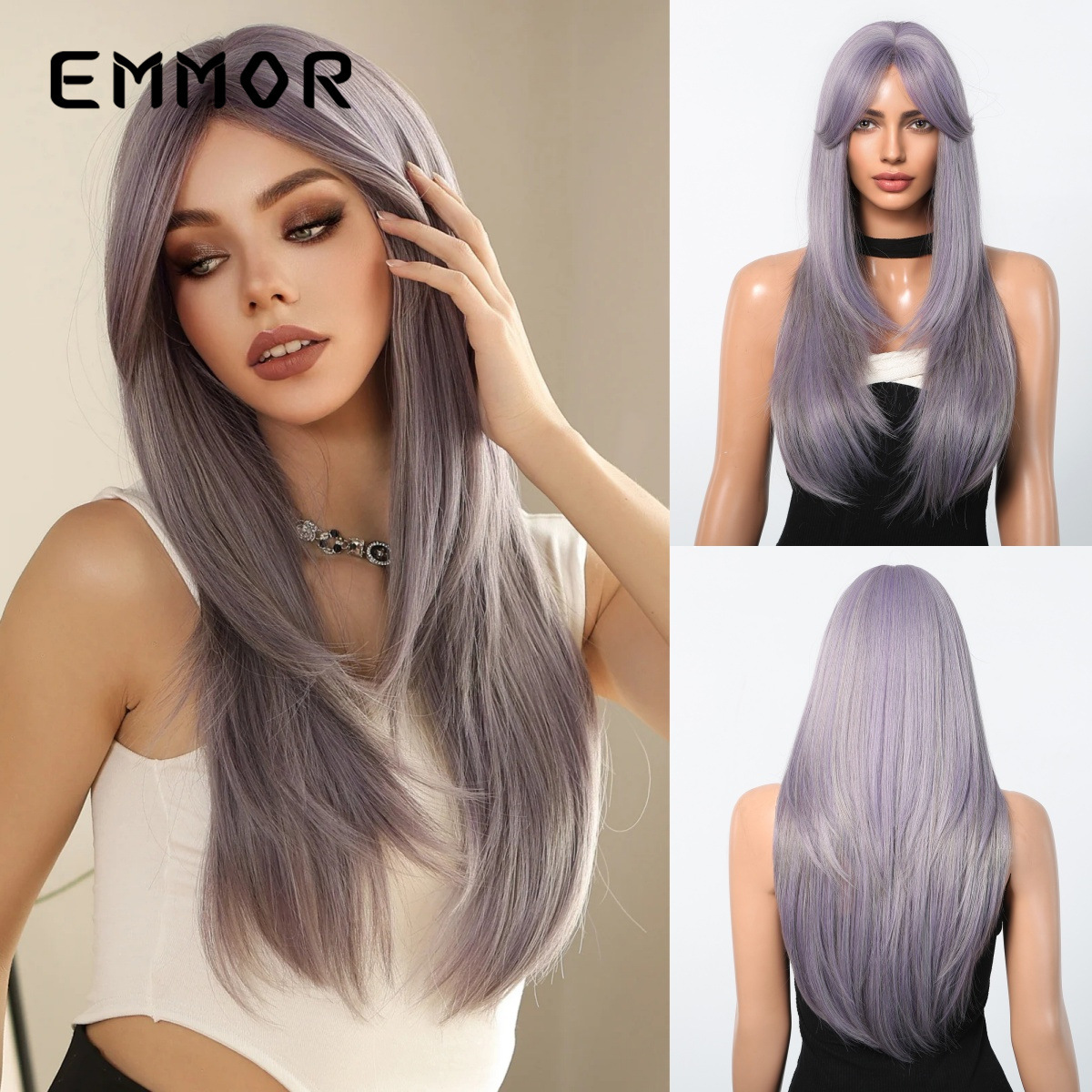 Peluca de estilo europeo y americano para mujer cabello largo cubierta completa de la cabeza celebridad de Internet nuevo flequillo de ocho caracteres de longitud media púrpura y2g nivel largo cabello liso