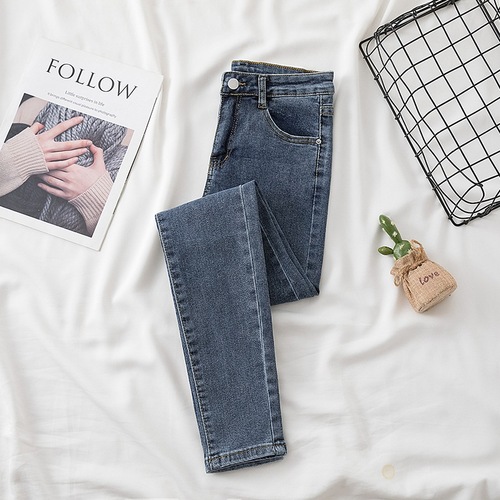 High-waisted women's slim-fit spring and summer outerwear tight-fitting tall-leg pencil mini-jeans with elastic waistband