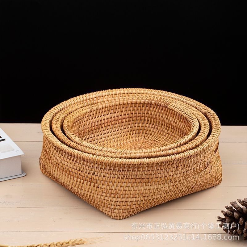 Cesta redonda de mimbre vietnamita para almacenamiento en el hogar, ideal para nueces, frutas y aperitivos, con un diseño retro de lujo ligero. image 9
