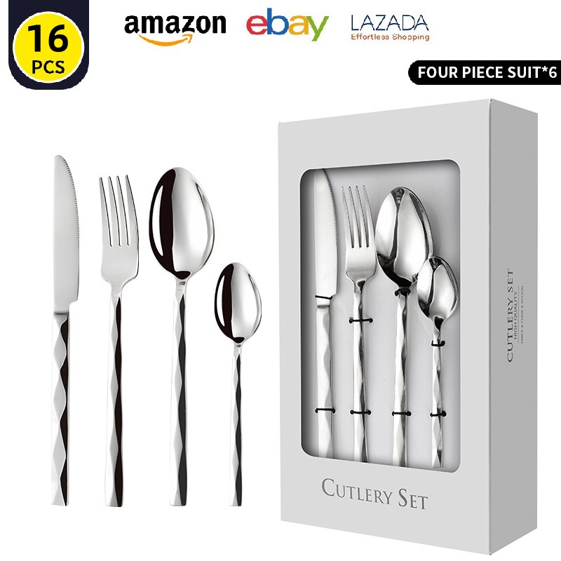 cubiertos de acero inoxidable agua ondulada diamante mango cuadrado cuchillo de filete tenedor cucharas 24 hotel comida occidental 30 juegos de caja de regalo image 10