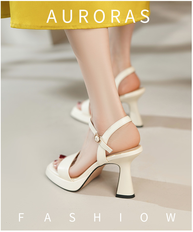 Sandal cao gót nữ quai ngang hở mũi da bò thật khóa thời trang — Màu đen chi tiết 1
