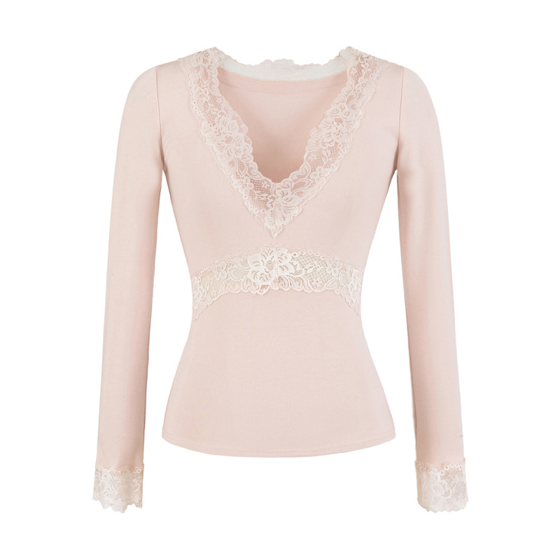 Elegant Slim-Fit Deep V-Neck Long-Sleeve T-Shirt 2026 Spring/Summer New Style Waist-Cinching Lace Patchwork Top Solid Color Base Shirt Elegant Slim-Fit Deep V-Neck Long-Sleeve T-Shirt 2026 Spring/Summer New Style Waist-Cinching Lace Patchwork Top Solid Color Base Shirt