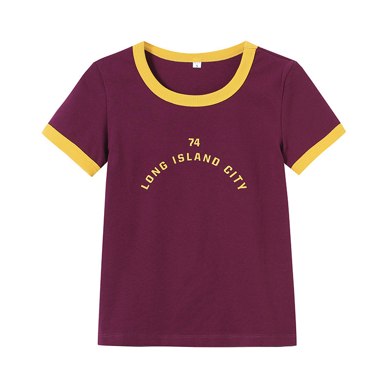 Pure Cotton Loose-Fitting Printed Short-Sleeved T-Shirt for Women with Contrasting Color and Printed Text