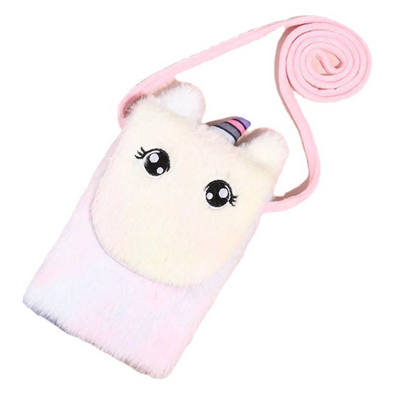 Estilo coreano de alta apariencia de dibujos animados de felpa pequeña bolsa de hombro Unicornio Niños hombro bolsa de mensajero del bebé monedero bolso del teléfono móvil