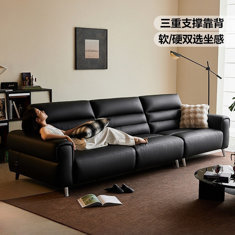 Large Black Cow Leather Sofa Living Room 2025 New Black Retro First Layer Cowhide Lin's Wood Industry No