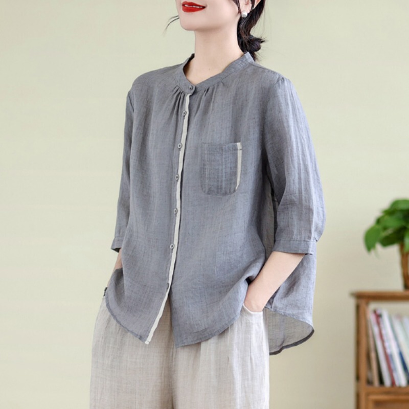 Cotton and Linen Three-Quarter Sleeve Shirt for Women 2025 Summer Spring & Fall Mom Casual Loose Classy Ramie Linen Top
