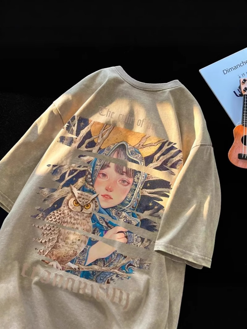 Camiseta de manga corta de algodón de la marca de moda de la calle alta estadounidense para hombres verano retro marea casual lavado viejo media manga guapo camiseta