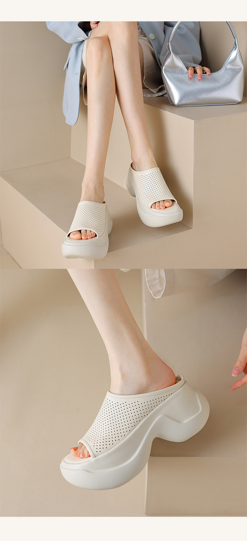 Dép sandal nữ xỏ ngón đế bệt da thật lỗ thoáng khí mùa hè — màu đen, màu trắng ngà chi tiết 9