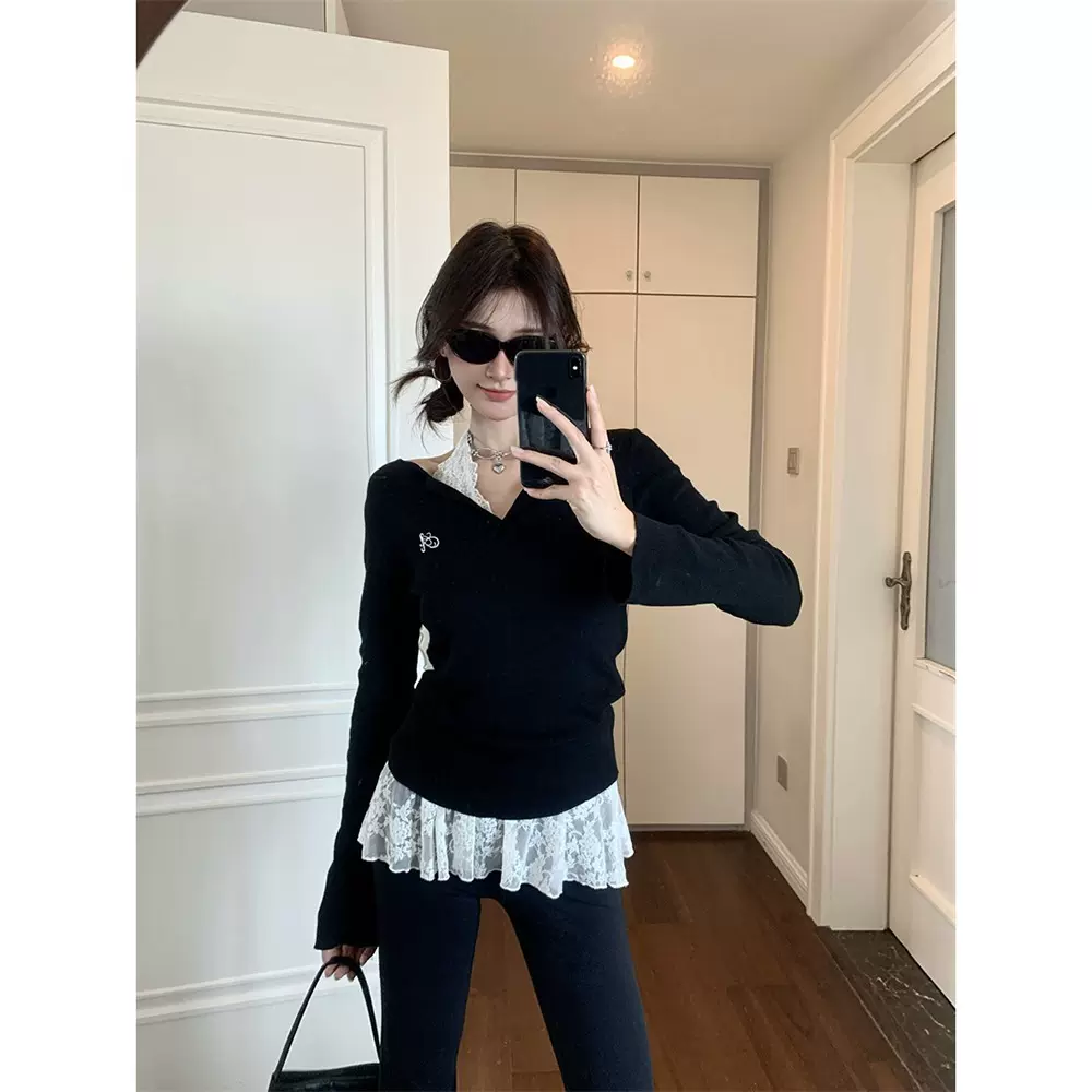 甜辣别致刺绣长袖针织衫女早秋新款显瘦气质叠穿设计感黑色 上衣