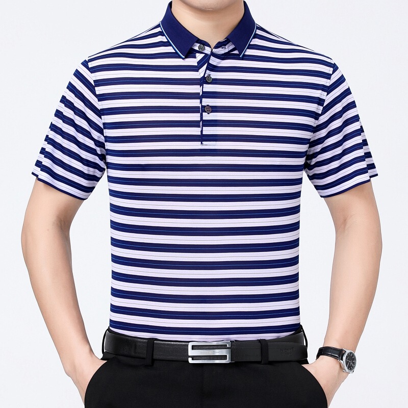 High-end Mulberry Silk Short-sleeved T-shirt Men's Middle-aged Fashionable Casual Striped Age-reducing Silk Half-sleeved Non-ironing T-shirt Men's