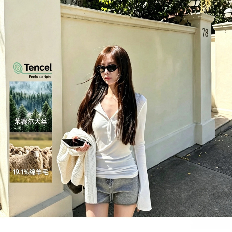 Lyocell Tencel Wool Base Layer Shirt for Women, Summer Thin Style, Cool and Comfortable Henley Collar, Relaxed and Sun-Protective Top Cover-Up
