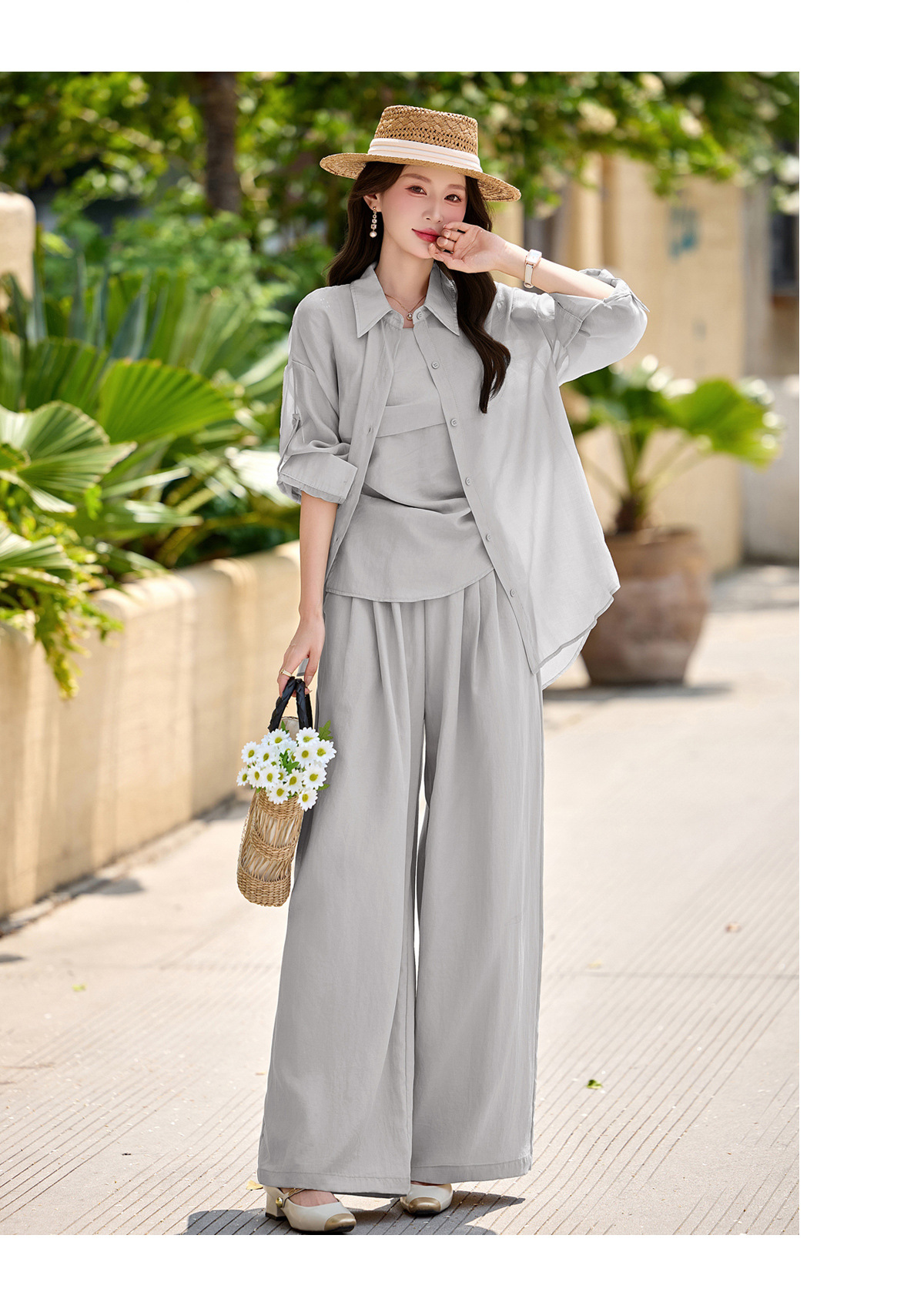 Bộ ba mặc nhà nữ phối áo sơ mi chống nắng, áo hai dây và quần ống suông — màu trắng, màu xám, màu kaki chi tiết 20