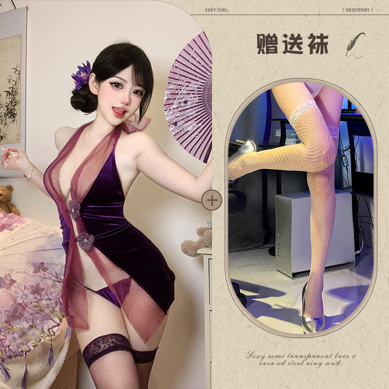 보라색[치파오+T바지]+흰색 망사스타킹