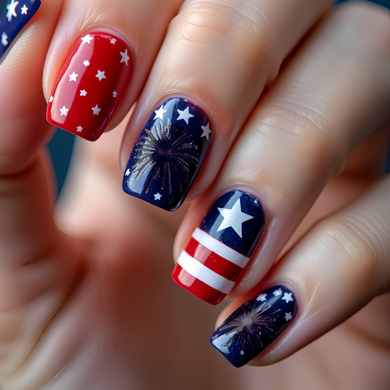 Foreign trade bright square armor U.S. Independence Day nail art patch 24 five-pointed star fireworks wear armor nails