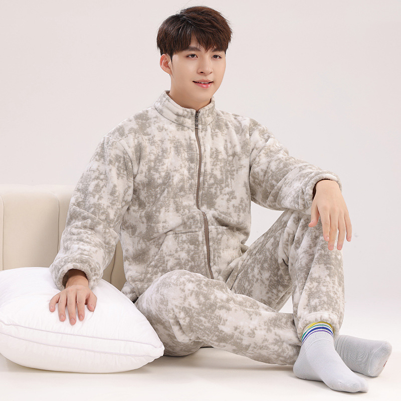 Couple Pajamas Women's Autumn and Winter Thickeneded Suit Home Clothes Men's Warm Zipper Spring & Fall Coral Velvet Flannel Outer Wear