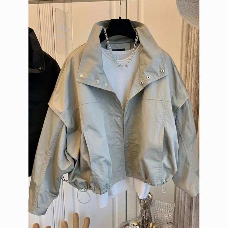 Cross-Border Korean Style Short Windbreaker Jacket for Women Spring and Autumn New Casual Loose Bat Sleeve Design Petite Jacket