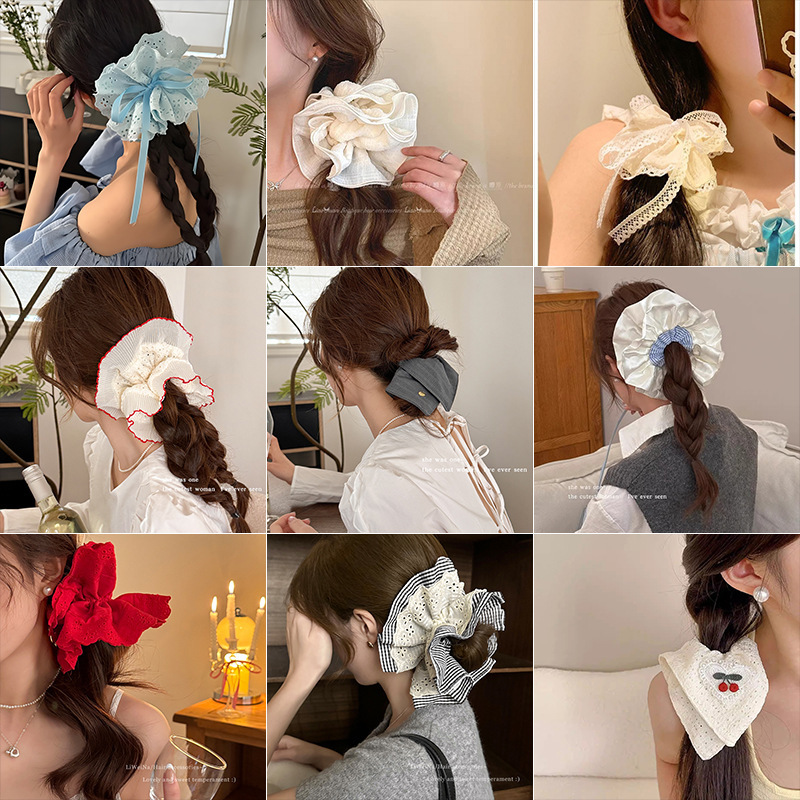 女の子用フレンチレース大腸ヘアゴム、韓国風特大スクエアスカーフヘアロープ、高級ヘアゴム、耐久性のあるヘッドフラワー|undefined