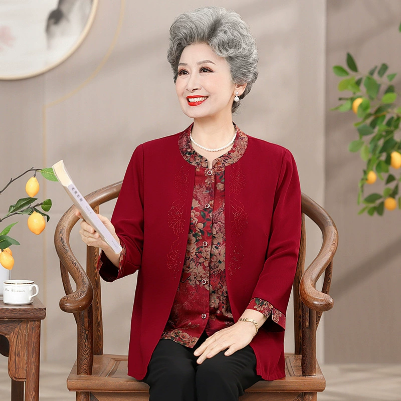 Женский Топ среднего и пожилого возраста для мамы, весна и осень, новый кардиган с длинными рукавами, элегантная весенняя одежда для бабушки, искусственная две тонкие одежды
