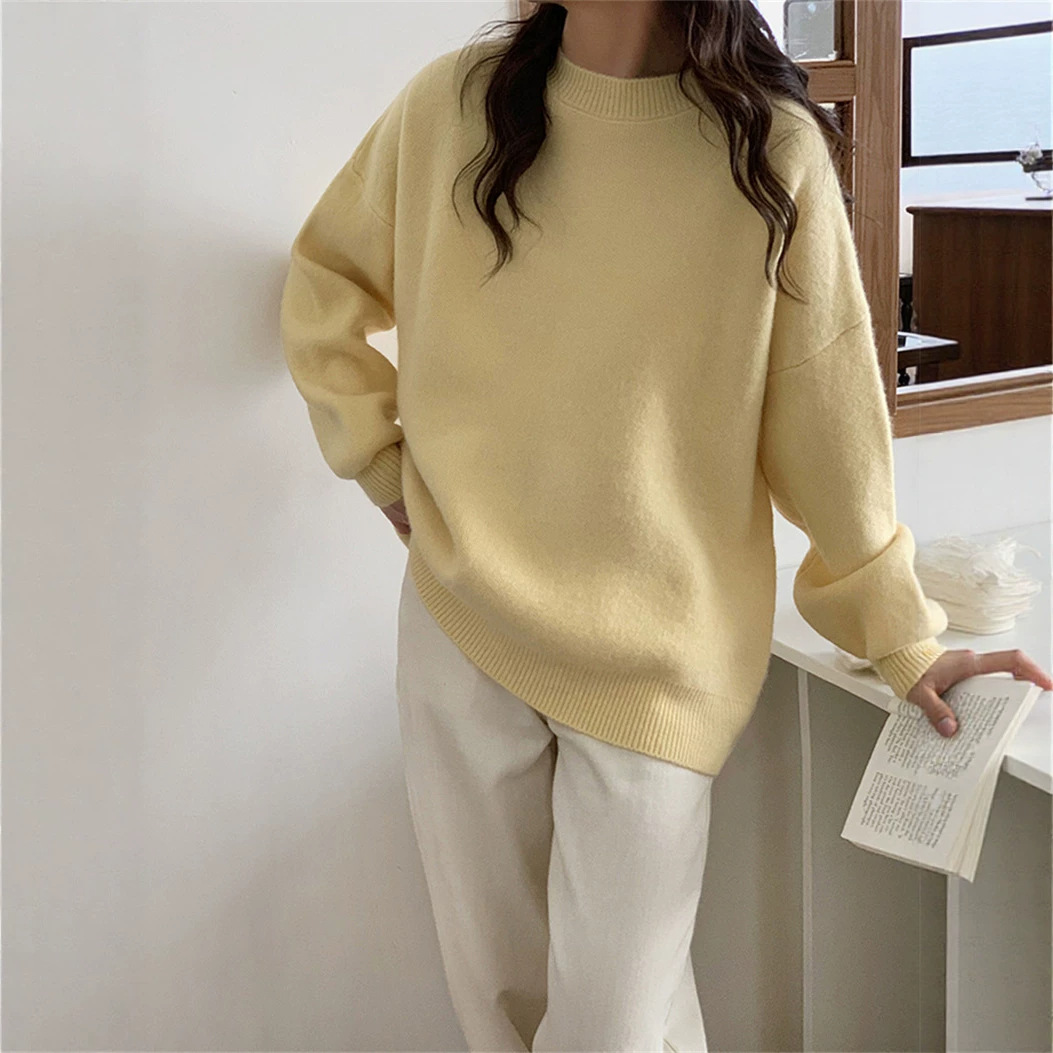 Coreano casual retro color sólido suéter de cuello redondo para mujeres otoño y invierno nuevo estilo de vestir suelta camisa de punto de estilo portugués