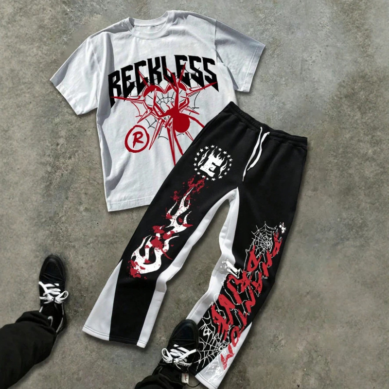 2026 Summer Reckless Graffiti Print Set Men's Trendy Brand Personality T-Shirt and Long Pants Casual Sports Two-Piece Set 2026 Summer Reckless Graffiti Print Set Men's Trendy Brand Personality T-Shirt and Long Pants Casual Sports Two-Piece Set