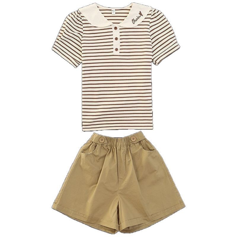 Traje de verano para niñas 2025 nuevo estilo coreano vestido de verano para niñas de estilo occidental traje casual de dos piezas de manga corta a rayas para niños grandes