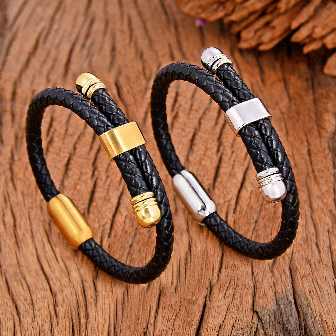 Retro, Punk Style Retro Punk Solid Color 304 Stainless Steel Pu Leather Men's Bangle Men Cord & Leather Bracelets