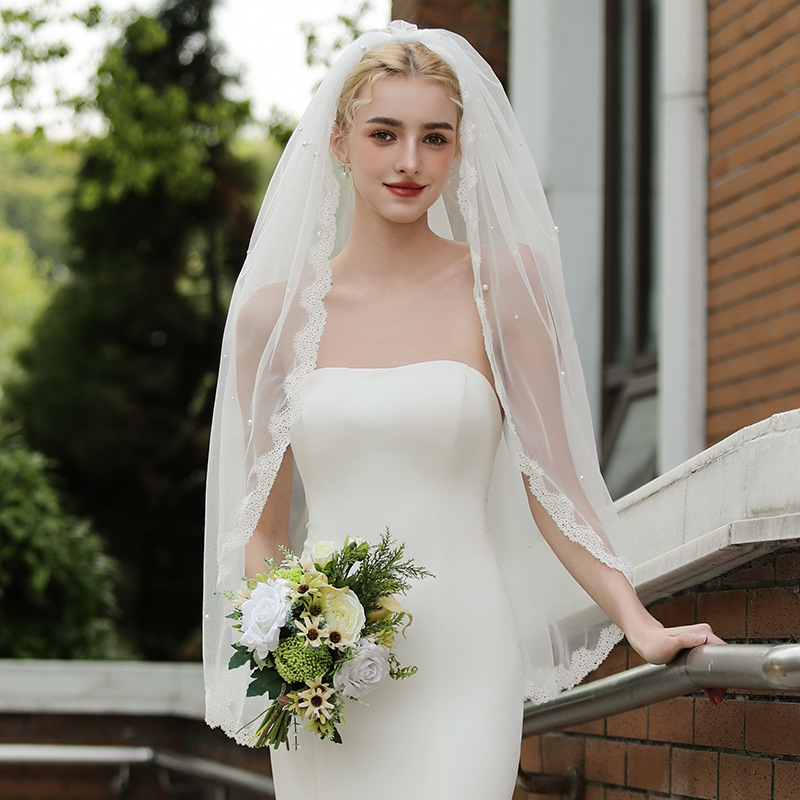 V1733新娘结婚蕾丝密钉珠缝发梳新娘拍照结婚中长腰部1米面头纱|undefined