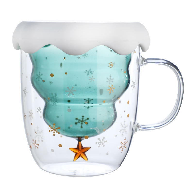 Taza de Navidad de doble capa al por mayor con tapa de vidrio de café aislante térmico alta resistencia al calor borosilicano de alta visualización taza de Navidad personalizada